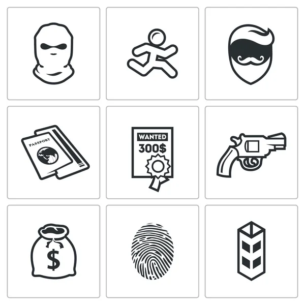 Criminal on the run and wanted icons set. Vector Illustration. — Stock Vector