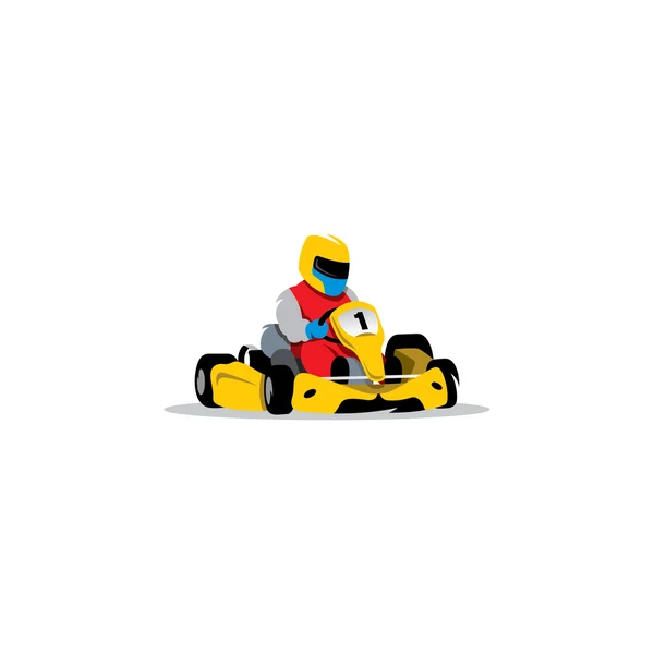 Kart racing teken. Jonge autocoureur in de helm bij wiel. Vectorillustratie. — Stockvector