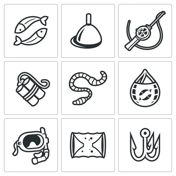 Set di icone di pesca. Illustrazione vettoriale . — Vettoriale Stock