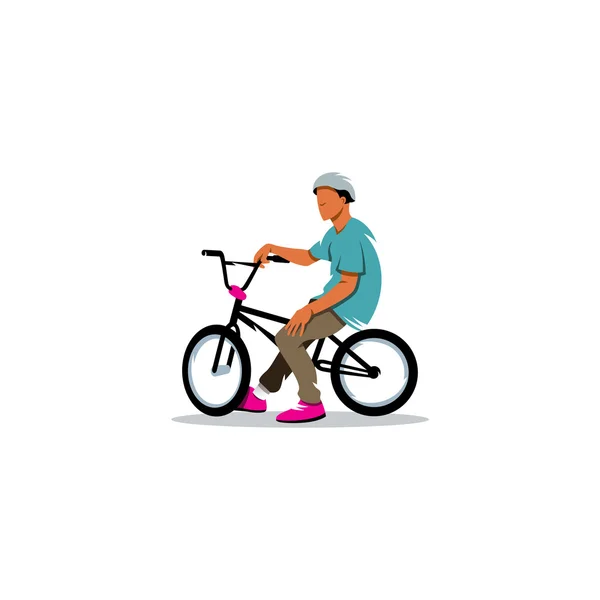 Der junge Mann fährt sitzend auf einem Fahrradschild. Vektorillustration. — Stockvektor