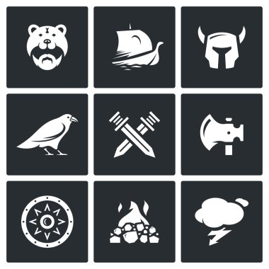 Viking simgeler vektör kümesi. Savaşçı, gemi, mühimmat, Tanrı, savaş, silah, koruma, mezar, hava durumu.