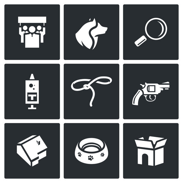 Vector Set of Animal Protection Icons. Protest, Animal, Search, Vaccination, Catching, Shooting, House, Food, Wandering.