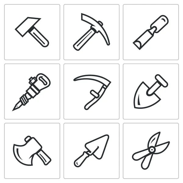 Vector Set of Work Tools Icons. Repair, Mine, Craft, Roadwork, Haying, Digging, Cutting, Construction, Gardening. — Stock Vector