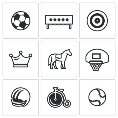 Vektör spor simgeler kümesi. Futbol, Biatlon, okçuluk, satranç, Zıplama, basketbol, futbol, Bisiklete binme, Tenis.