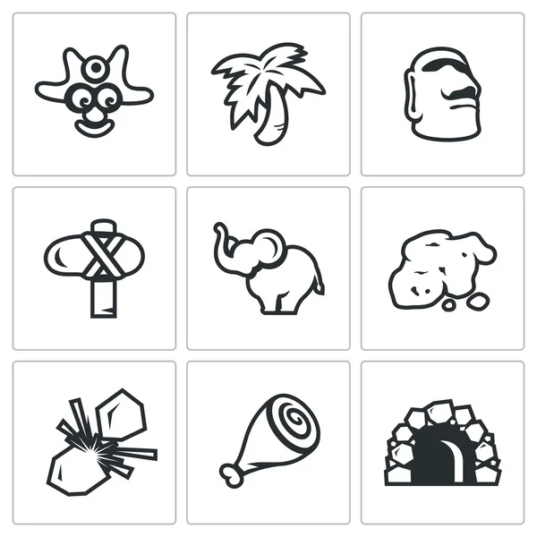 Ensemble vectoriel d'icônes papous. Sauvage, Tropical, Idolatrie, Outil, Animaux, Or, Feu, Nourriture, Maison . — Image vectorielle