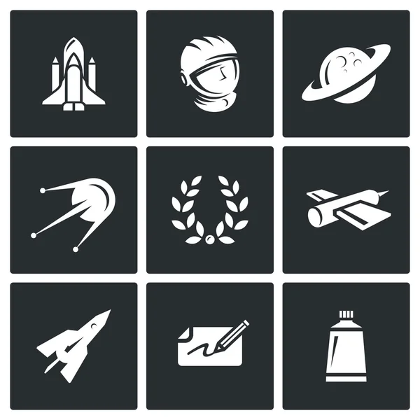 Vektorsatz eines Raumfahrtsymbols. Weltraumbahnhof, Outfit, Planet, Forschung, Ruhm, Technologie, Fliegen, Autogramm, Essen. — Stockvektor