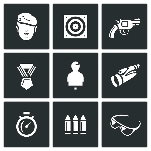 Vector Set van schieten bereik iconen. Soldaat, Shoot, wapen, Award, Mannequin, observatie, snelheid, Arsenal, veiligheid. — Stockvector