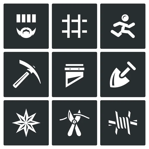 Vector Set of Prison Icons. Prisoner, Detention, Cell, Escape, Work, Death, Penalty, Thief-in-law, Sabotage, Isolation. — Stock Vector