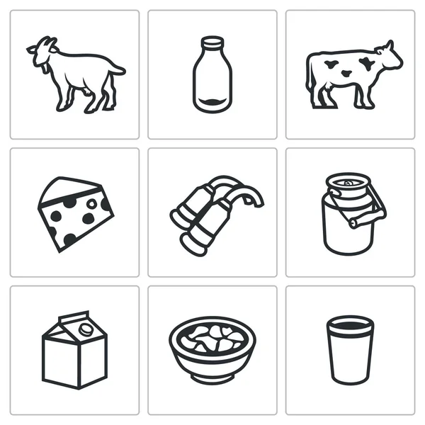 Wektor zestaw ikon produktów mlecznych. Zwierząt, butelka, bydło, sera, dojenie, pojemność, opakowania, sera, próbki. — Wektor stockowy