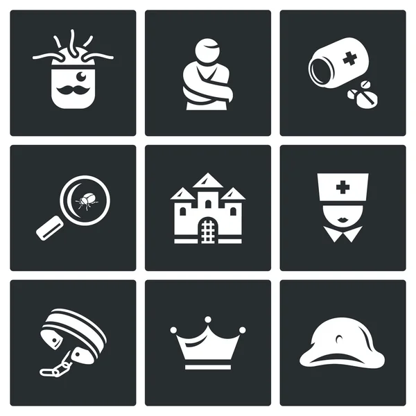 Vector Set of Nuthouse Icons. Diagnosis, Straitjacket, Treatment, Study, Building, Doctor, Bondage, Persistence, Split Personality. — Stock Vector
