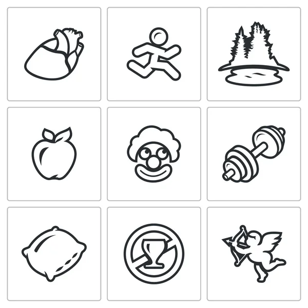 Vector Set of Long Life Icons. Pulse, Motion, Nature, Vitamins, Laugh, Sport, Sleep, Sobriety, Love. — Stock Vector