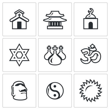 Vektör din simgeler kümesi. Katolik, Budizm, Islam, Yahudilik, Hıristiyanlık, Hinduizm, putperestlik, Taoizm, Pagan izm.