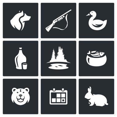 Vector Set of Hunting Icons. Dog, Gun, Duck, Alcohol, Lake, Ear, Bear, Season, Rabbit. clipart