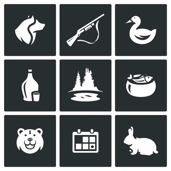 Векторный набор охотничьих иконок. Дог, гун, утка, алкоголь, озеро, уха, медведь, сезон, кролик . — стоковый вектор