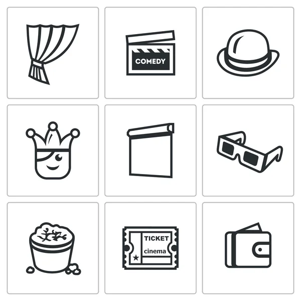 Vector Conjunto de iconos del cine de comedia. Cortina, Película Clapper, Bowler, Bufón, Pantalla, Lentes 3D, Palomitas de maíz, Entrada, Cartera . — Archivo Imágenes Vectoriales