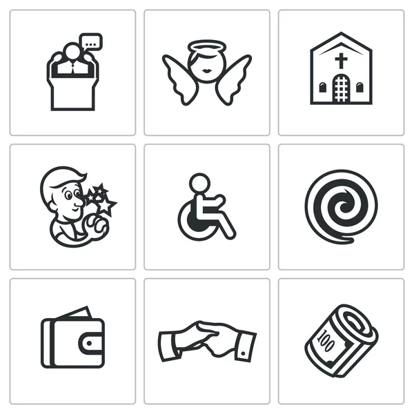 Vector Set of Church and Faith Icons. Pastor, Angel, Sanctuary, Prayer, Disabled, Hypnosis, Purse, Help, Charity. — Stock Vector