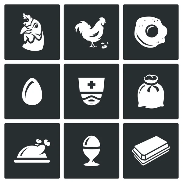 Vector Set van kip iconen. Kip, de Haan, krabbelde met ei, dierenarts, zak, schotel, gekookt, Pack. — Stockvector