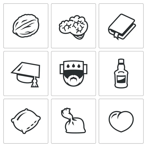 Vector Set of Brain Development Icons. Walnut, Brain, Reading, Education, Disease, Drink, Sleep, Drugs, Love. — Stock Vector