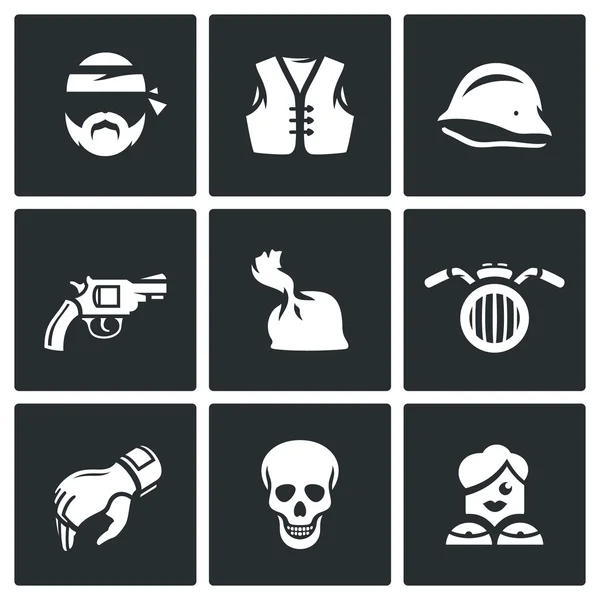 Vector Set van criminele Biker Club pictogrammen. Biker, jas, helm, wapen, Drugs, motorfiets, handschoen, schedel, prostitutie. — Stockvector