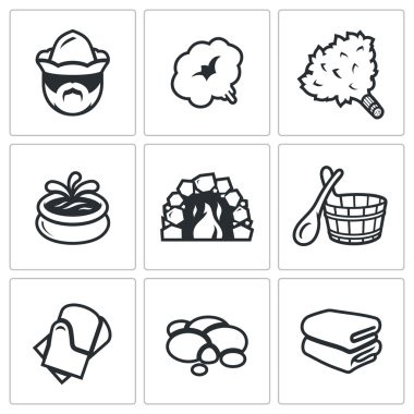 Vektör banyosu ve Sauna aksesuarları simgeler kümesi. Hamam görevlisi, buhar, süpürge, Yüzme Havuzu, soba, tahta kova, havza, eldiven, taşlar, havlu