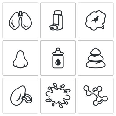 Vector Set of Respiratory Disease Icons. Lungs, Asthma, Smoking, Allergy, Medications, Spruce, Virus, Flu, Immunity. clipart