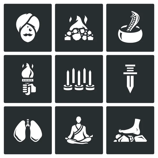 Conjunto vectorial de iconos del yoga indio. Yogui, Carbón ardiente, Fakir, Fuego, Caminar sobre clavos, Tragar un cuchillo, Técnica de respiración, Meditación . — Archivo Imágenes Vectoriales