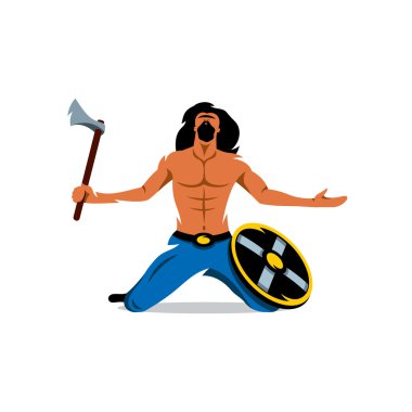 Viking savaşçısı balta ve kalkan. Vektör karikatür çizim.
