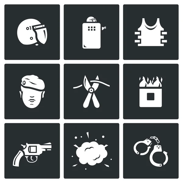 Vektor-Icons von Spezialeinheiten. Uniform, Soldat, Sabotage, Hindernis, Kurs, Waffe, Unterminierung, Verhaftung. — Stockvektor