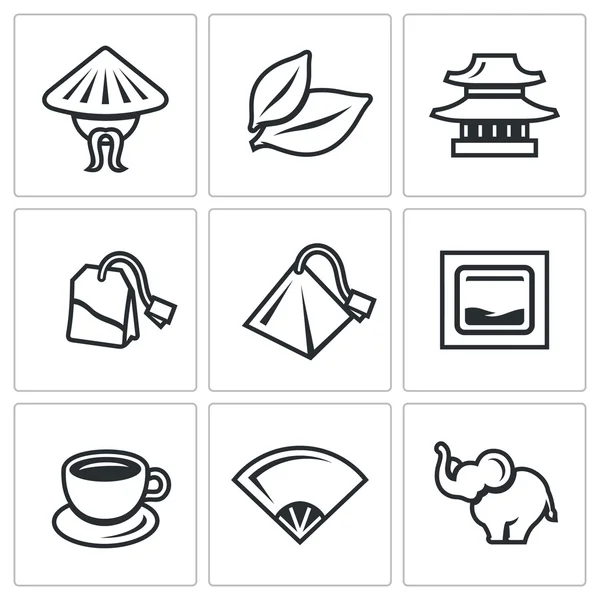 Ensemble vectoriel d'icônes de thé. Chine, Feuille, Temple, Teabag, Coupe, Cérémonie, Éléphant — Image vectorielle