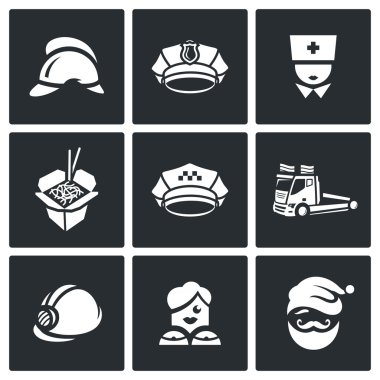 Vector Set of Emergency Services Icons. Firefighter, Police, Ambulance, Food delivery, Taxi, Tow, Rescue, Escort, Animator. clipart