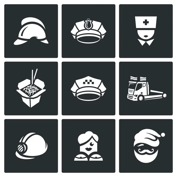 Vector Set of Emergency Services Icons. Firefighter, Police, Ambulance, Food delivery, Taxi, Tow, Rescue, Escort, Animator. — Stock Vector