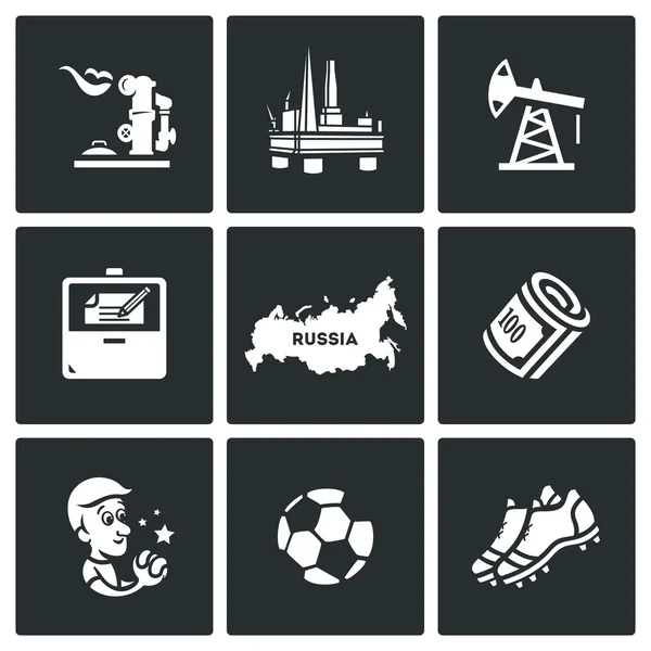 Ensemble vectoriel d'icônes de Russie. Gaz, Huile, Contrat, Territoire, Argent, Homme, Football, Chaussures . — Image vectorielle