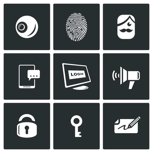 Vector Set of Security Technology Icons. Retinal scan, Fingerprint identification, SMS, Password, Speech synthesis, Locking, Unlocking, Signature. — Stock Vector