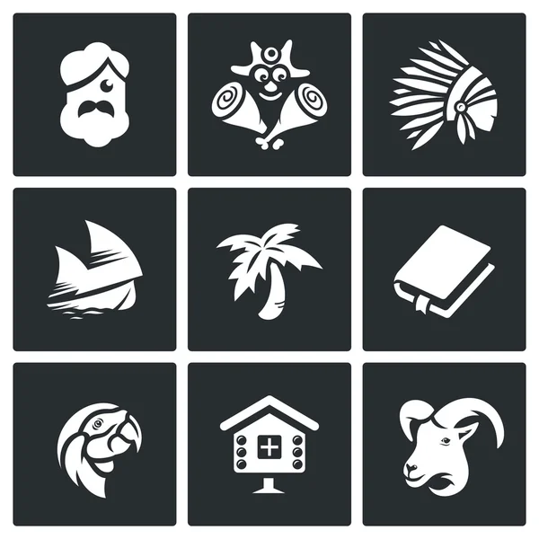 Vector Set of Life on Desert Island Icons (en inglés). Robinson Crusoe, aborigen, viernes, vela, Palma, romano, loro, cabaña, cabra . — Archivo Imágenes Vectoriales