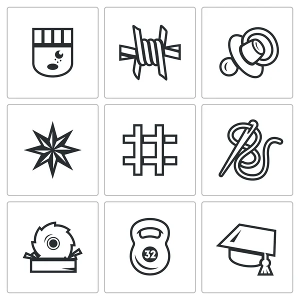 Vector Set van iconen van de gevangenis. Gevangene, isolatie, toezicht, Tattoo, cel, naaien, houtbewerking, Sport, onderwijs. — Stockvector