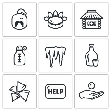 Ukrayna ayarla sorunları simgeler vektör. Kazak, gaz, House, sıcaklık, kış, alkol, yakıt, yardım, kredi.