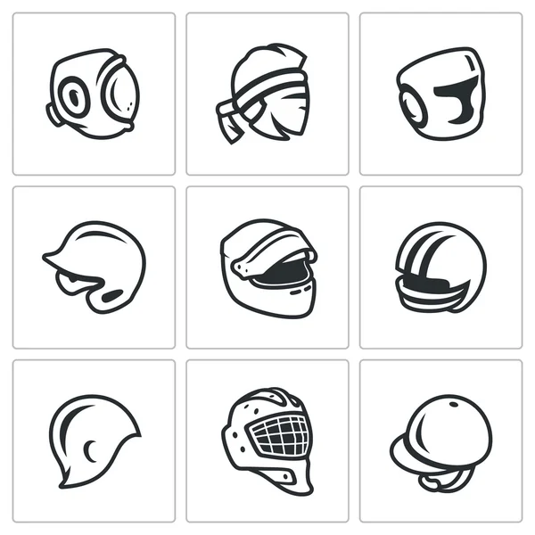 Vector instellen van sport hoed, cap en hoofdband pictogrammen. Kudo, Muay Thai, boksen, honkbal, autosport, Amerikaans voetbal, zwemmen, Hockey, keeper, springen. — Stockvector