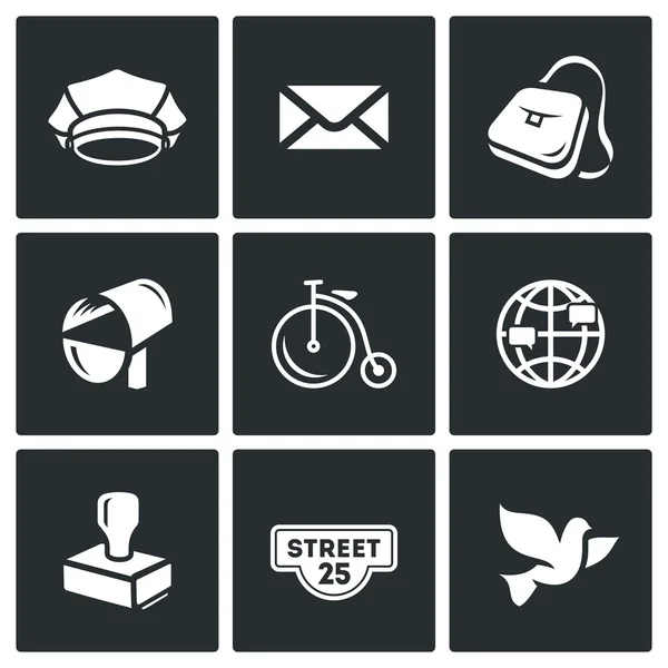 Vektor-Set von Postamt-Symbolen. Postbote, Brief, Lieferung, Transport, international, Versand, Adresse, Brieftaube. — Stockvektor