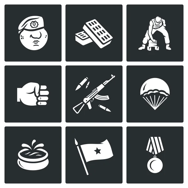 Vector Set of Russia Airborne troops Icons. Soldier, Beret, Bricks, Workout, Punch, Weapon, Landing, Fountain, Flag, Award. — Stock Vector