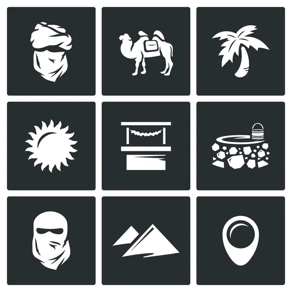 Set vettoriale di icone del Medio Oriente. Arabo, Cammello, Palma, Sole, Mercato, Bene, Velo, Deserto, Indicatore . — Vettoriale Stock