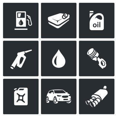 Vektör yakıt simgeler kümesi. Benzin istasyonu, benzin tankı, makine yağı, doldurma tabanca, Pistonlu Motor, teneke kutu, Araba, egzoz borusu.