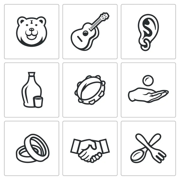Ensemble vectoriel d'icônes du camp tsigane. ours, guitare, boucle d'oreille, alcool, tambourin, mendiant, mariage, accord, argenterie . — Image vectorielle