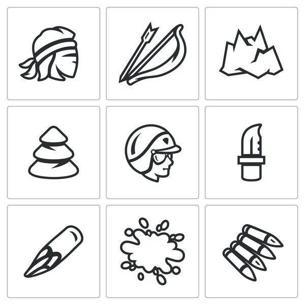 Vector Set of Survival in the forest and mountains Icons. Criminal, Bow, Arrow, Top, Tree, Cop, Knife, Count, Blood, Bullet. — Stock Vector