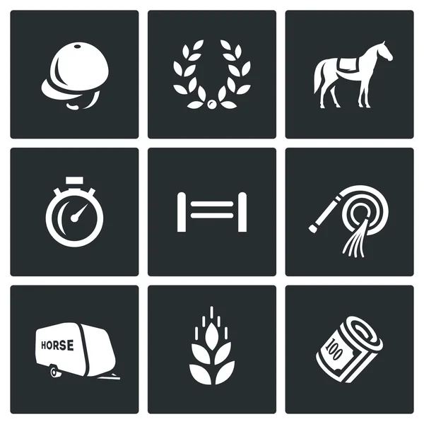 Векторный набор икон конного спорта. Джокер, Слава, Лошадь, Стоп-часы, Барьер, Уип, Трейлер, Овес, Деньги . — стоковый вектор