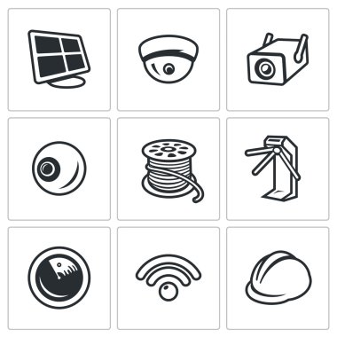 Vektör güvenlik yükleme simgeler kümesi. Bilgisayar, güvenlik kamerası, Outdoor, göz, kuyruk, turnike, radar, radyo, kask