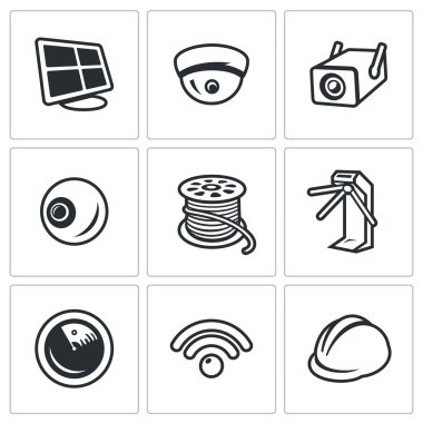 Vector Set of Security Installation Icons. Computer, Surveillance Camera, Outdoor, Eye, Tail, Turnstile, radar, radio, helmet clipart