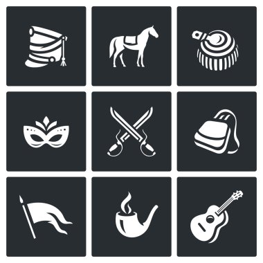 Süvariler simgeler vektör kümesi. Sorguçlu asker şapkası, at, apolet, karnaval, savaş, Sabretache, afiş, tütün, gitar.