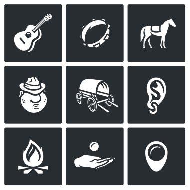 Çingene kampı simgeler vektör kümesi. Gitar, tef, at, roman, yük arabası, halka kulak, şenlik ateşi, dilenci, göçebe.