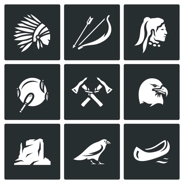 Vector Set of Apaches Icons. Injun, Bow and arrow, Tambourine, Tomahawk, Laurel, Canyon, Raven, Canoe. — Stock Vector