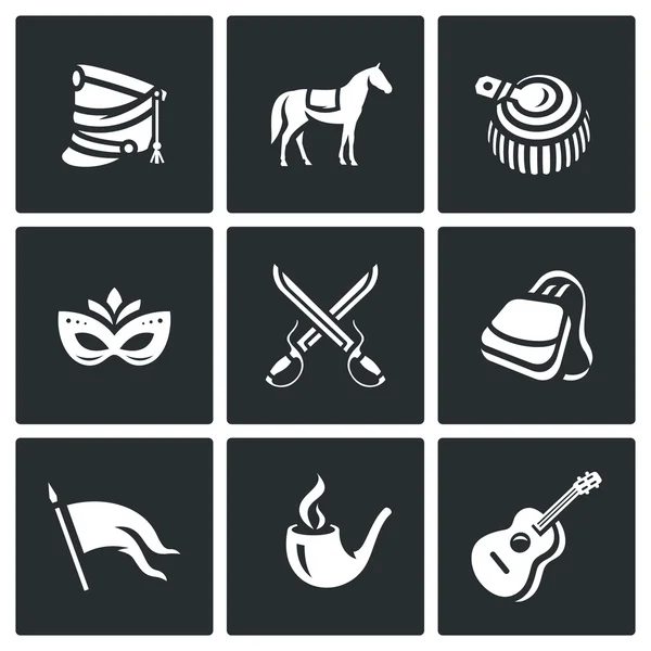 Vector Conjunto de iconos húsares. Shako, Caballo, Epaulettes, Carnaval, Batalla, Sabretache, Bandera, Tabaco, Guitarra . — Archivo Imágenes Vectoriales